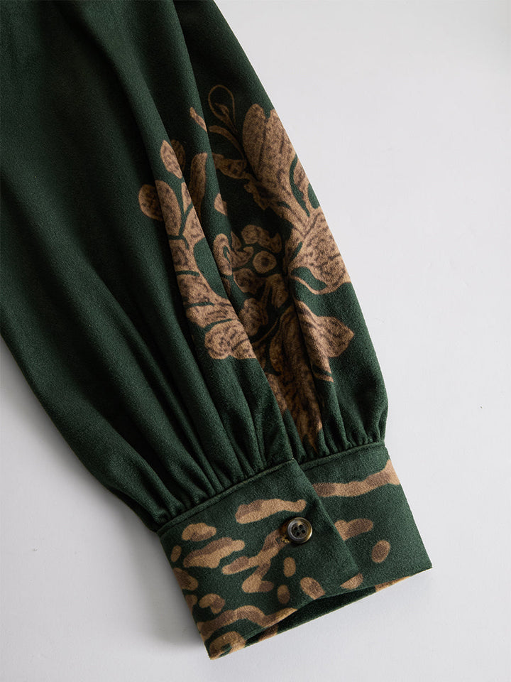 Willow | Retro Silhouette Printed Green Faux Suede Tassel Maxi Dress