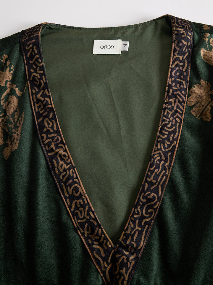 Willow | Retro Silhouette Printed Green Faux Suede Tassel Maxi Dress
