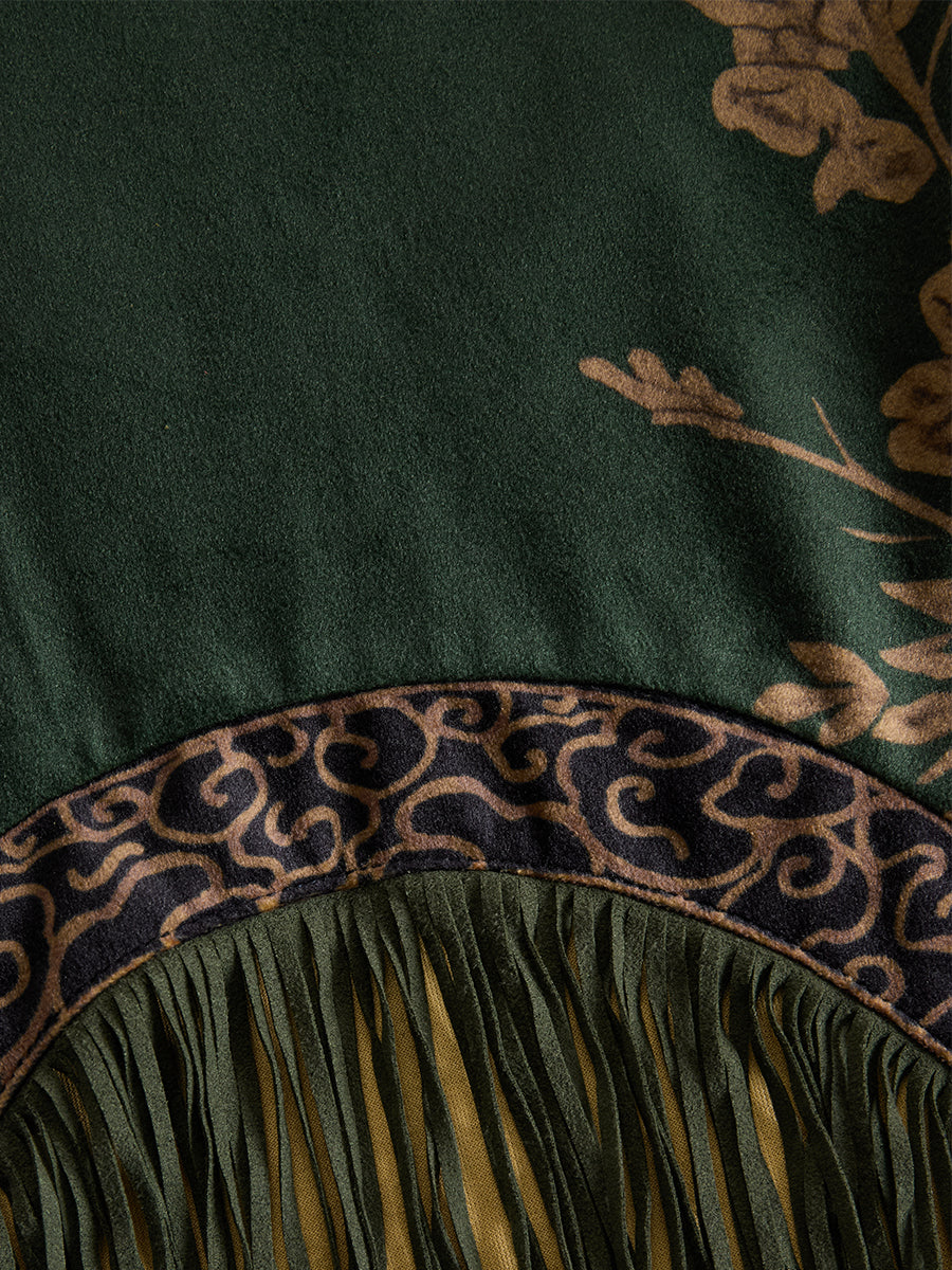 Willow | Retro Silhouette Printed Green Faux Suede Tassel Maxi Dress