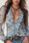 Ruffled Zip-Front Chiffon Blouse In Serene Blue Print