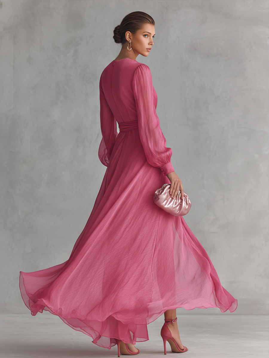 Rhonda | Pearl Chiffon V Neck Tie Waist Long Dress