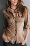Retro Washed Contrast Stitching Blouse