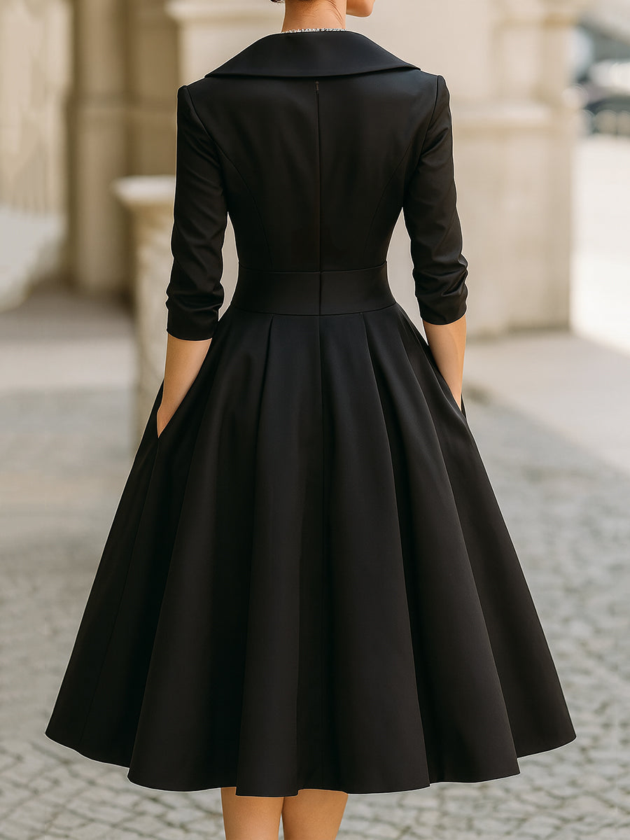 Beatrice | Women´s Retro Satin Midi Dress Featuring a Draped Collar