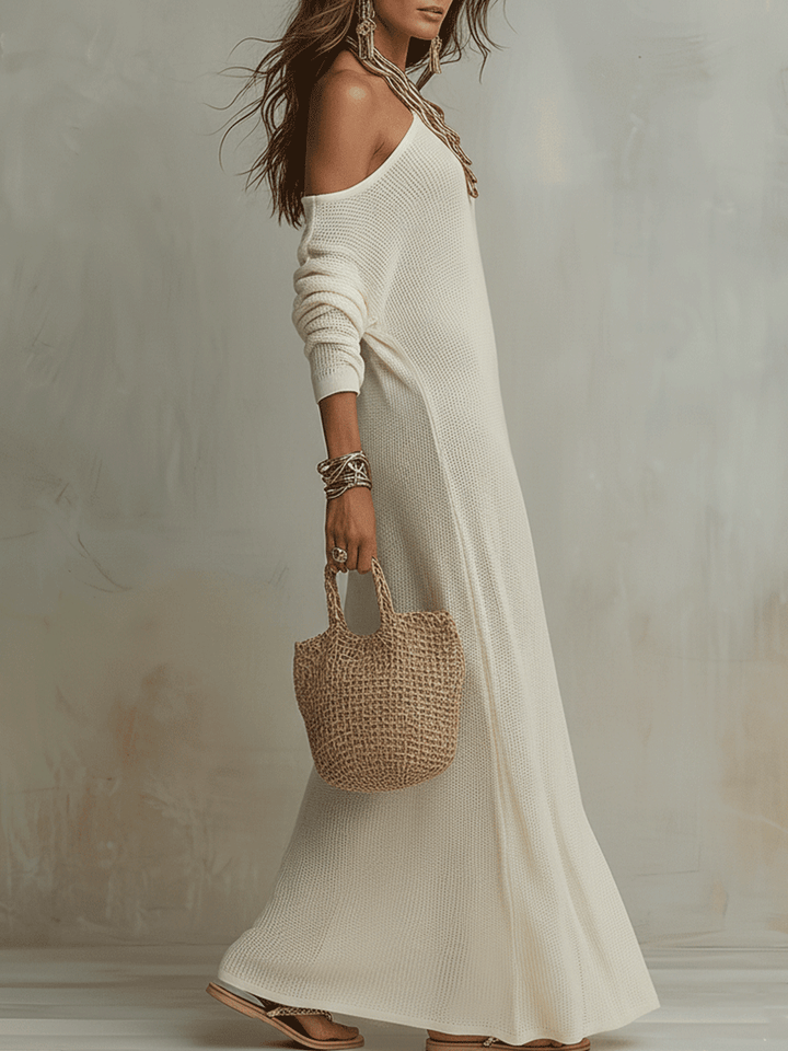 Savannah |  Ivory Bohemian Off Shoulder Loose Knit Side Split Maxi Dress