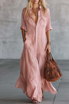 Calista | Casual Retro Western V-neck Front Button Short Sleeve Pink Cotton Linen Shirt Maxi Dress