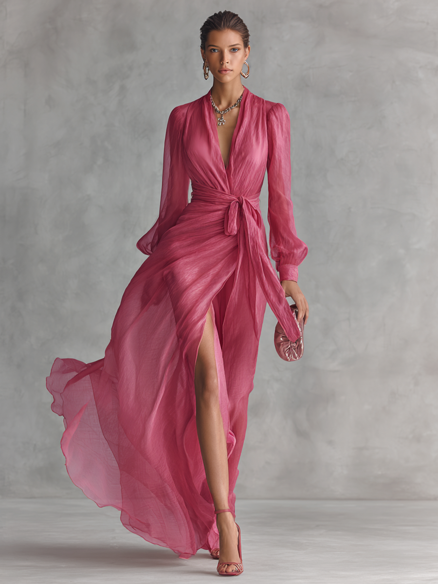 Rhonda | Pearl Chiffon V Neck Tie Waist Long Dress