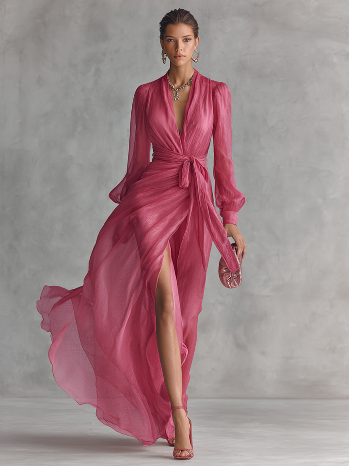 Rhonda | Pearl Chiffon V Neck Tie Waist Long Dress