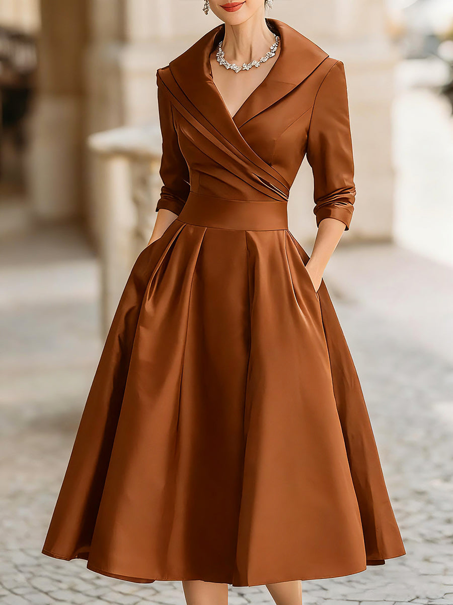 Beatrice | Women´s Retro Satin Midi Dress Featuring a Draped Collar