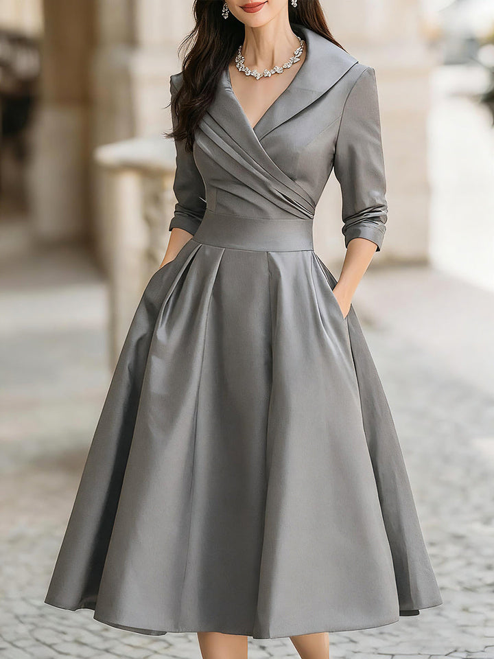 Beatrice | Women´s Retro Satin Midi Dress Featuring a Draped Collar