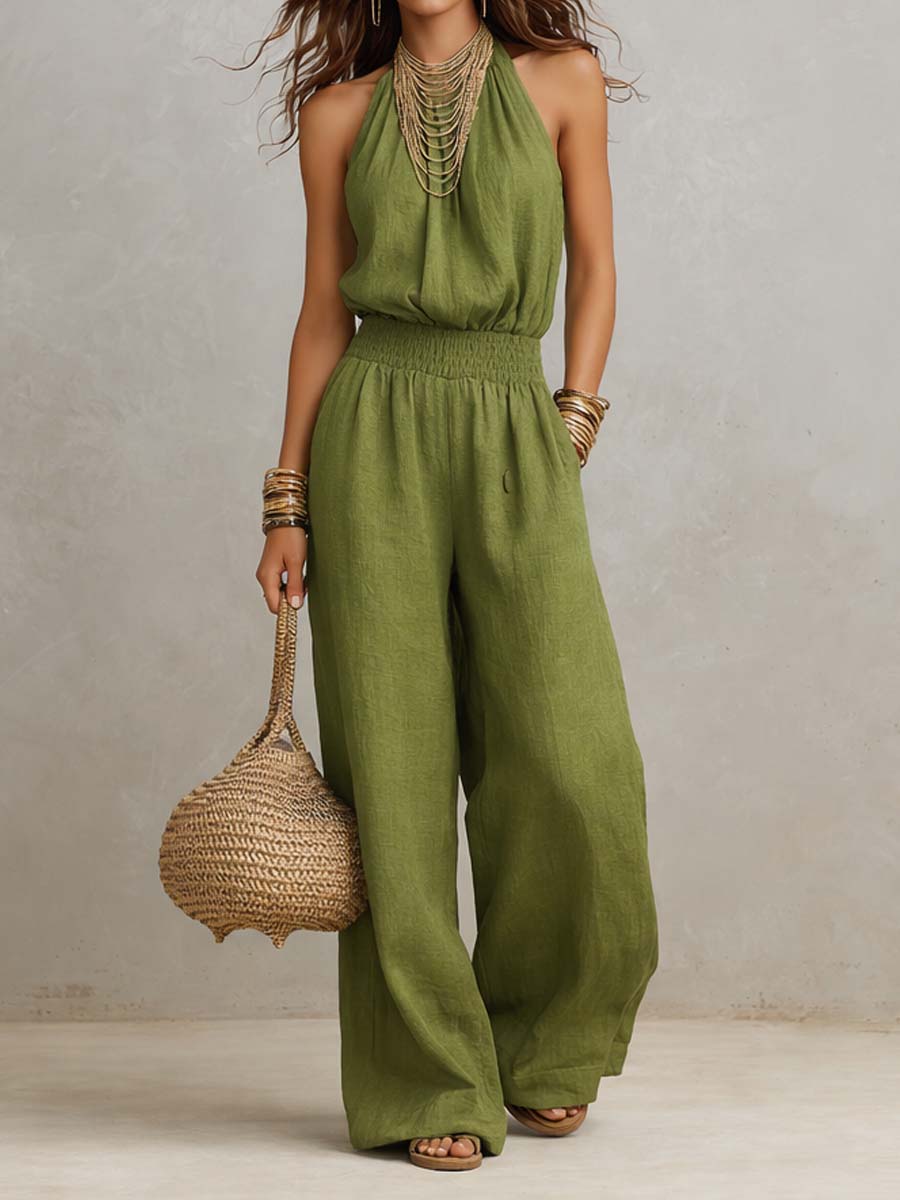 Sage | Tan Cotton Linen Halter Neck Smocked Waist Wide Leg Jumpsuit