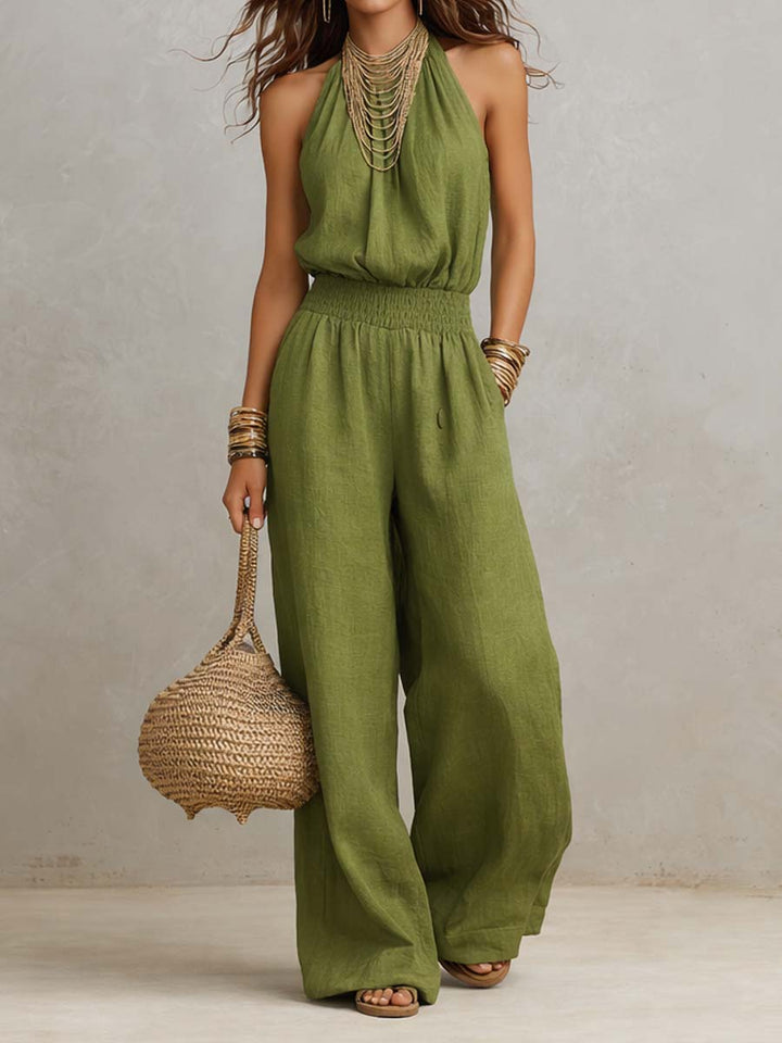 Sage | Tan Cotton Linen Halter Neck Smocked Waist Wide Leg Jumpsuit