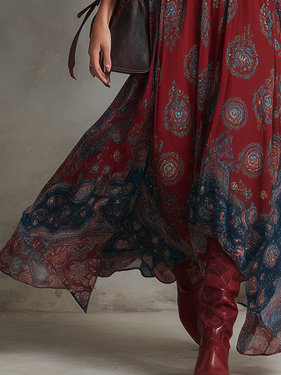 Noa | Retro Ethnic Bohemian Print Chiffon Sleeveless Maxi Dress