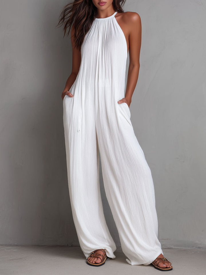 Seraphina | Resort White Pleated Halter Wide-Leg One-Piece Jumpsuit