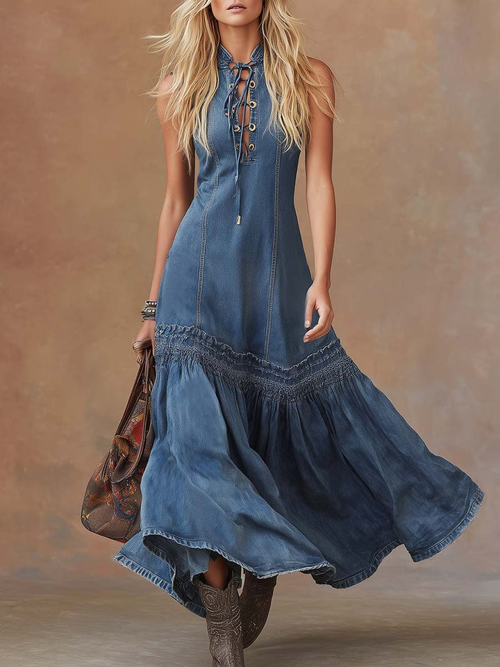 Belle | Elegant Vintage Western Tie-neck Sleeveless Bubble Hem Blue Denim Maxi Dress