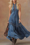 Belle | Elegant Vintage Western Tie-neck Sleeveless Bubble Hem Blue Denim Maxi Dress