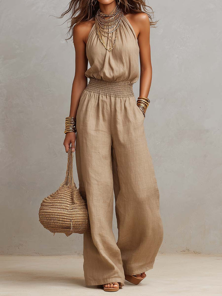 Sage | Tan Cotton Linen Halter Neck Smocked Waist Wide Leg Jumpsuit