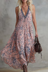 Evelisse | Retro Classic Floral Print Pink Chiffon V-Neck Sleeveless Maxi Dress