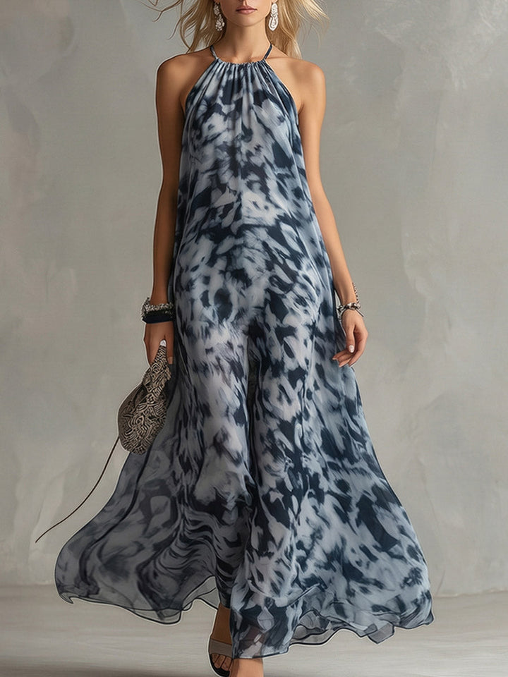 Aureline | Elegant Urban Navy Blue Impression Print Chiffon Halter Maxi Dress