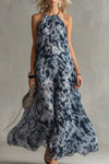Aureline | Elegant Urban Navy Blue Impression Print Chiffon Halter Maxi Dress