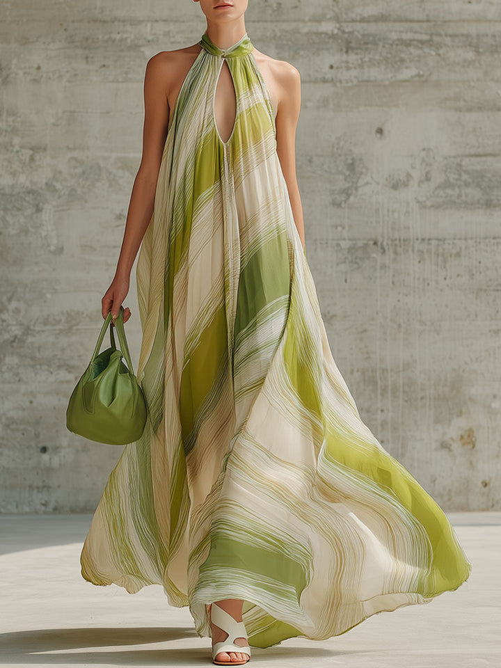 Coralie | Fashionable Vacation Retro Striped Light Green Chiffon Sleeveless Maxi Dress