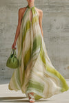 Coralie | Fashionable Vacation Retro Striped Light Green Chiffon Sleeveless Maxi Dress