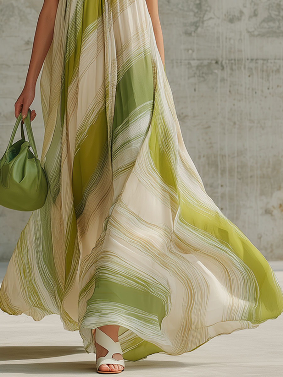 Coralie | Fashionable Vacation Retro Striped Light Green Chiffon Sleeveless Maxi Dress