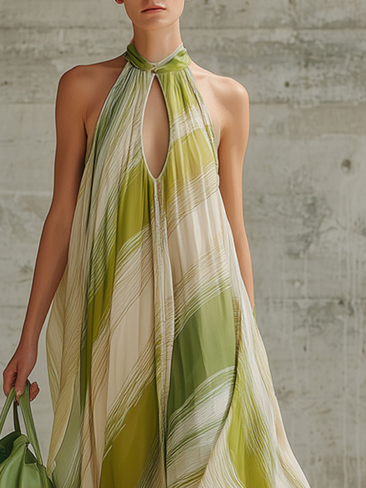Coralie | Fashionable Vacation Retro Striped Light Green Chiffon Sleeveless Maxi Dress