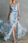 Marielle | Stylish And Elegant V-neck Ruffled Slit Printed Chiffon Maxi Dress