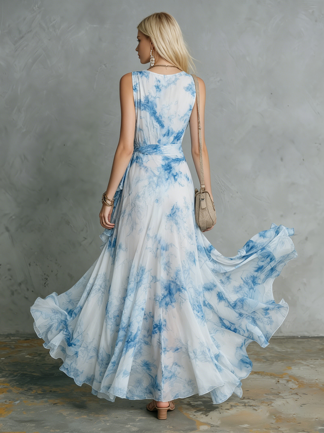 Marielle | Stylish And Elegant V-neck Ruffled Slit Printed Chiffon Maxi Dress
