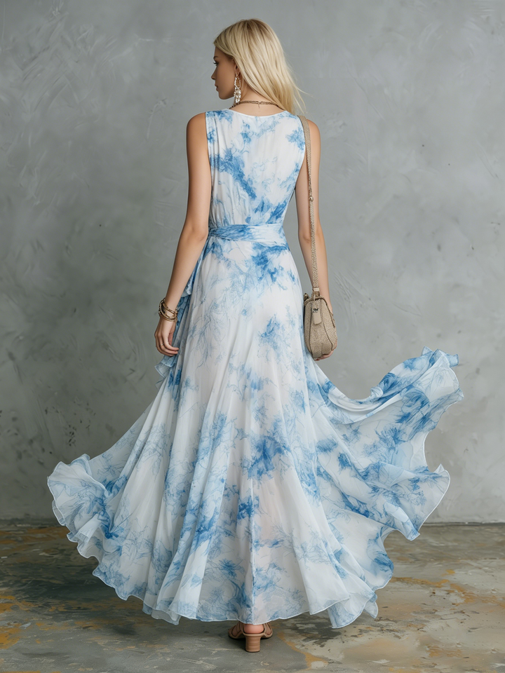 Marielle | Stylish And Elegant V-neck Ruffled Slit Printed Chiffon Maxi Dress