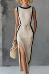 Margaux | Fashionable Retro Black-trimmed Off-white Sleeveless Round Neck Midi Dress