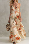 Anastelle | Fashionable Retro Printed Ruffled Off-white V-neck Chiffon Maxi Dress