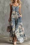 Colette | Retro Elegant Blue Floral Print Sleeveless Square Neck Chiffon Maxi Dress