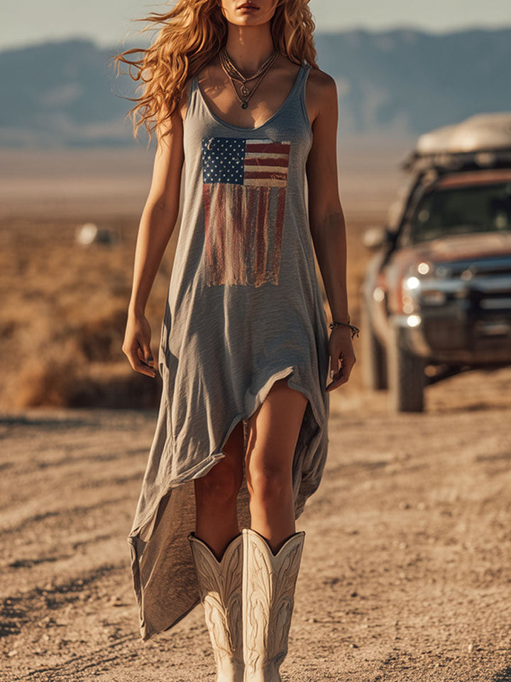 Reagan | Casual Sporty Retro Irregular American Flag Print Vest Midi Dress