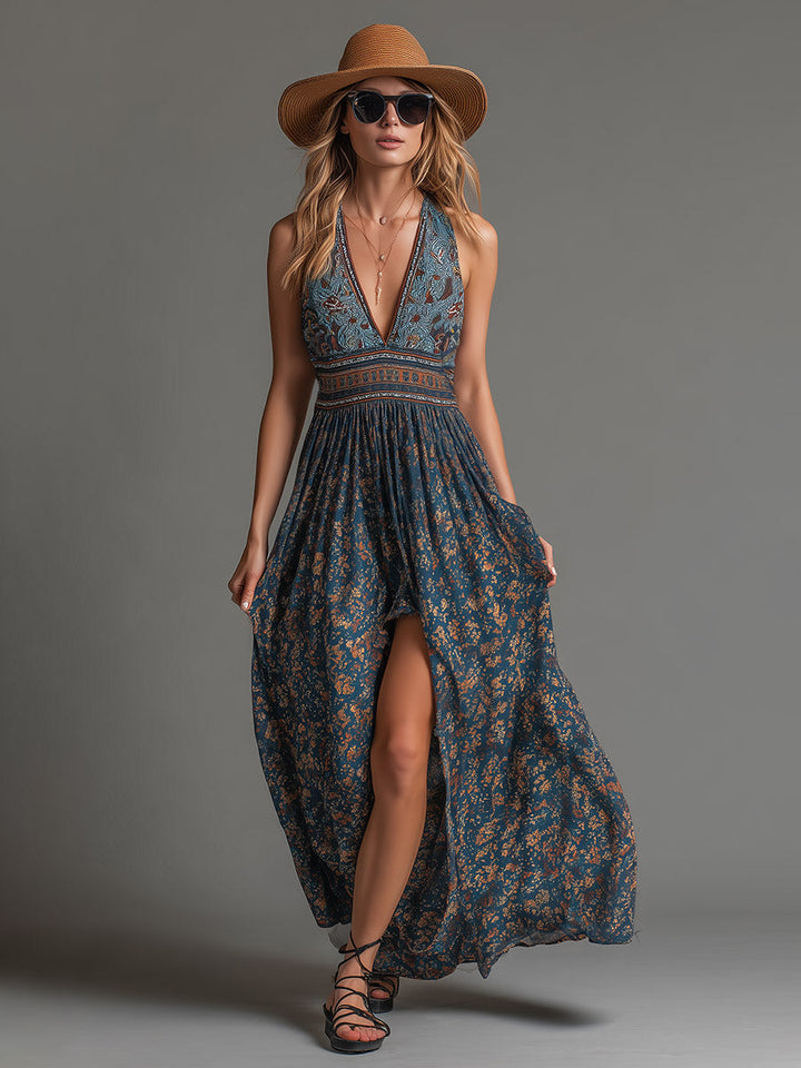 Evadine | Retro Bohemian Teal Floral Printed Chiffon Sleeveless Maxi Dress