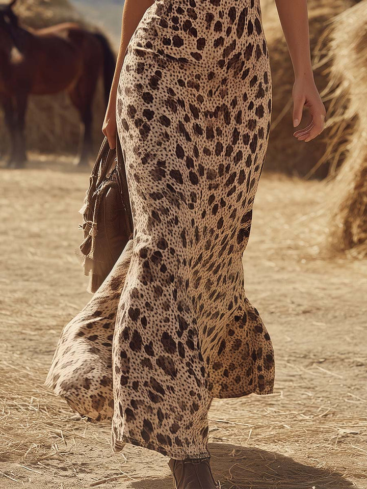Dakota | Western Vacation V-Neck Leopard Print Lightweight Faux Suede Fishtail Maxi Dress