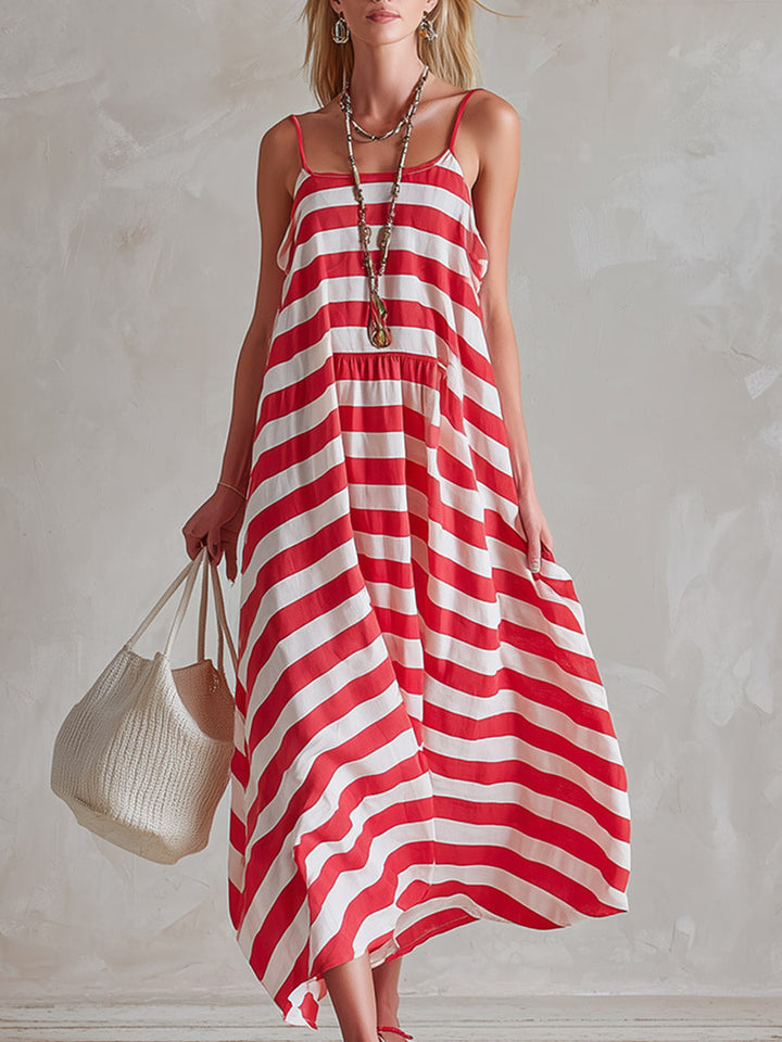 Scarlett | Chic &amp; Casual Red-Striped Spaghetti-Strap Sleeveless Maxi Dress