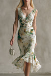 Annalise | Fashionable Retro Green Printed White Sleeveless V-neck Ruffled Chiffon Midi Dress
