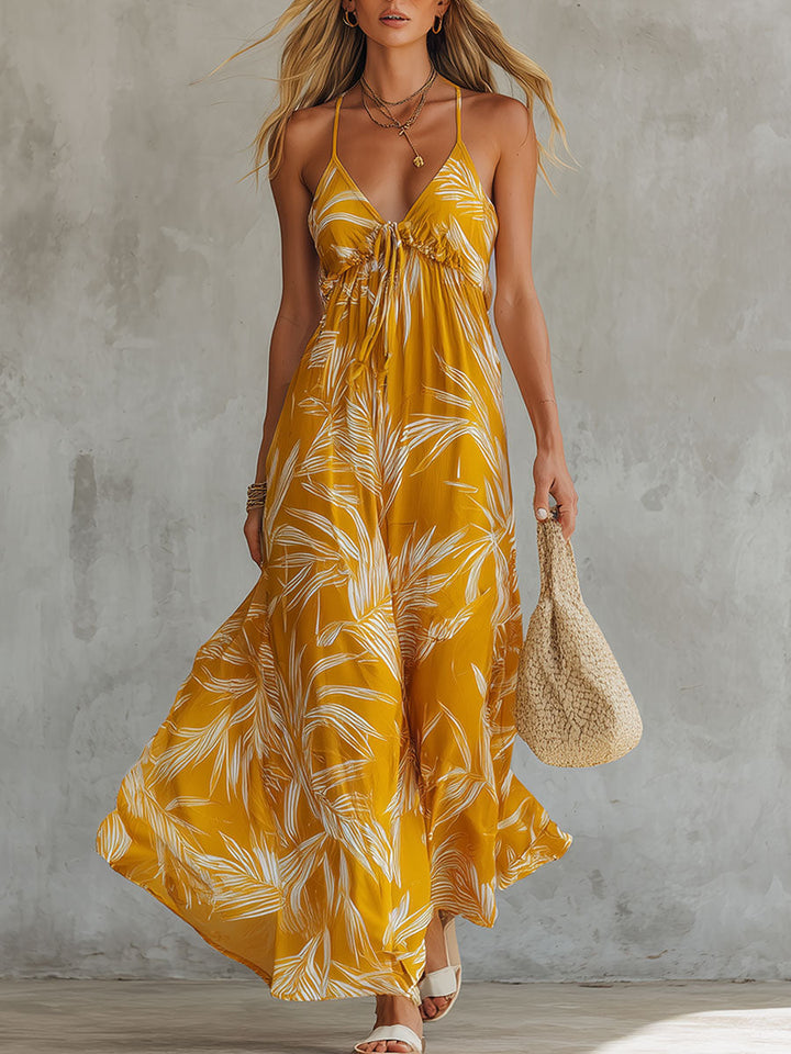 Zinnia | Fashionable Retro Printed Yellow Sleeveless V-neck Chiffon Maxi Dress