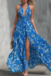 Genevieve | Elegant Retro-print Blue Halter Neck Chiffon Maxi Dress