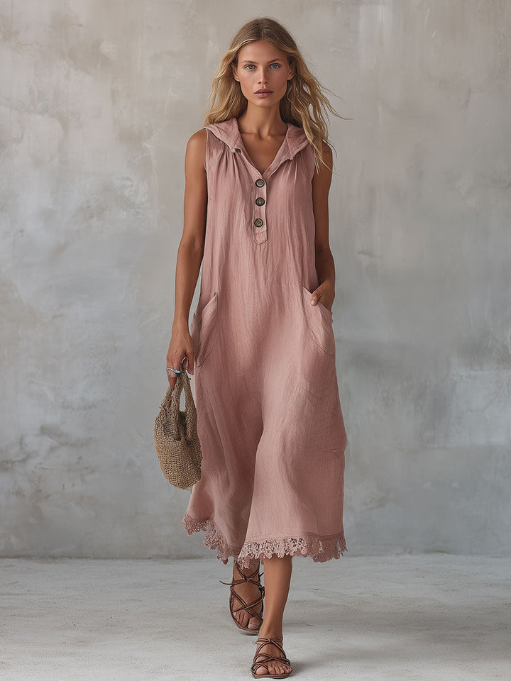 Lottie | Casual Retro Lace-trimmed Pink Hooded Button-down Cotton And Linen Midi Dress