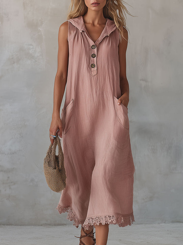 Lottie | Casual Retro Lace-trimmed Pink Hooded Button-down Cotton And Linen Midi Dress
