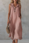 Lottie | Casual Retro Lace-trimmed Pink Hooded Button-down Cotton And Linen Midi Dress