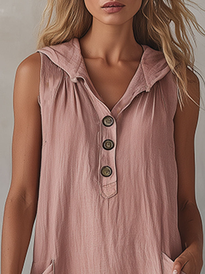 Lottie | Casual Retro Lace-trimmed Pink Hooded Button-down Cotton And Linen Midi Dress