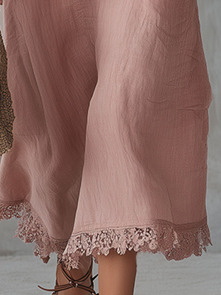 Lottie | Casual Retro Lace-trimmed Pink Hooded Button-down Cotton And Linen Midi Dress
