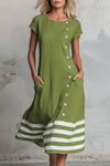 Sadie | Casual Retro Color-blocked Striped Green Round Neck Short-sleeved Cotton Linen Midi Dress