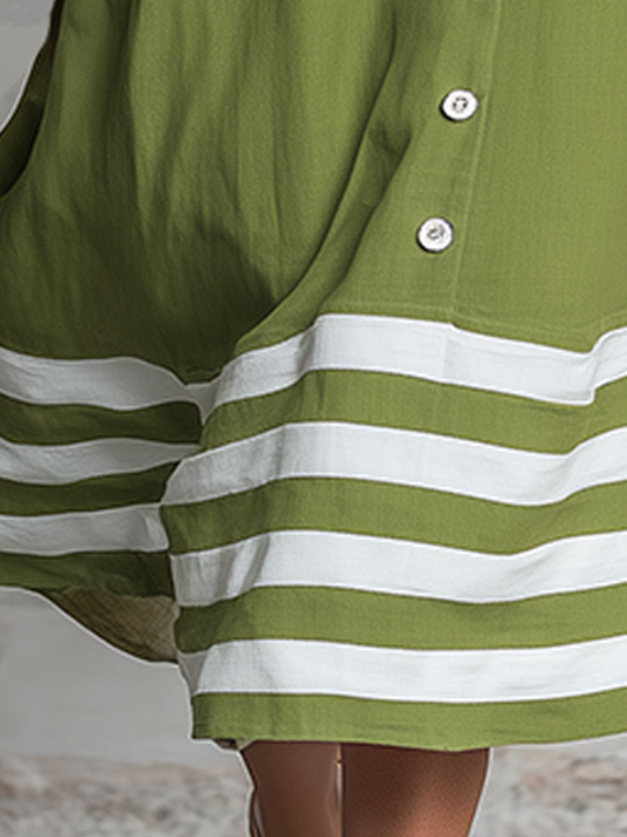 Sadie | Casual Retro Color-blocked Striped Green Round Neck Short-sleeved Cotton Linen Midi Dress