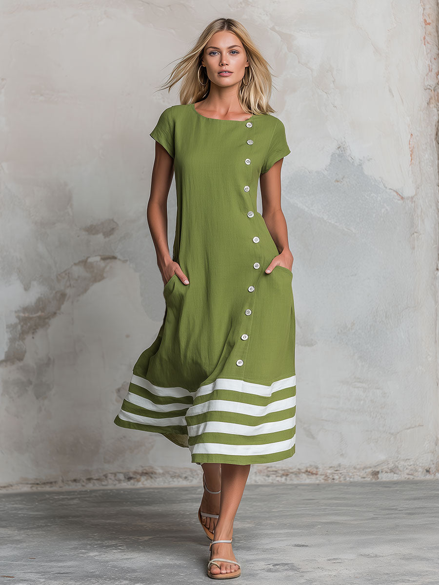 Sadie | Casual Retro Color-blocked Striped Green Round Neck Short-sleeved Cotton Linen Midi Dress
