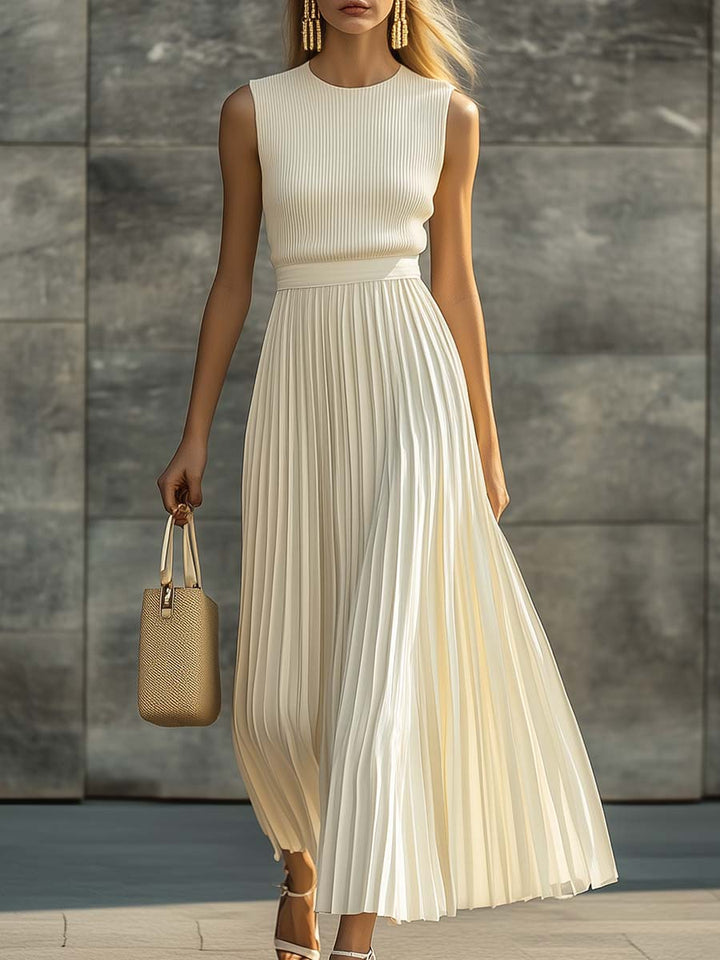 Lily | Elegant Casual And Comfortable Cream Knitted Chiffon Pleated Hem Maxi Dress