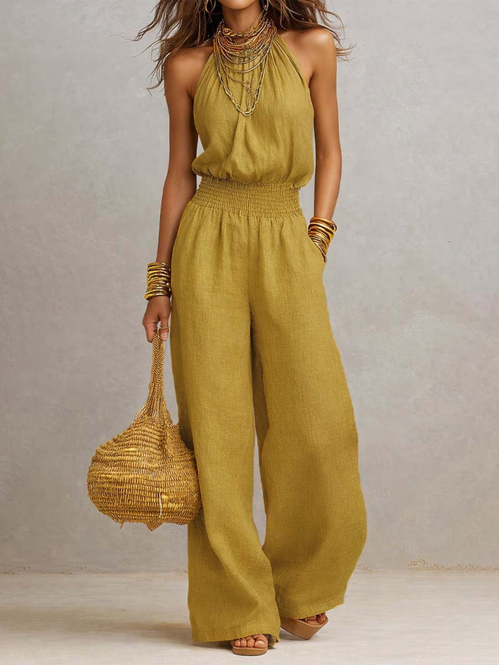 Sage | Tan Cotton Linen Halter Neck Smocked Waist Wide Leg Jumpsuit
